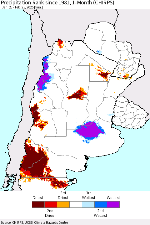 Southern South America Precipitation Rank since 1981, 1-Month (CHIRPS) Thematic Map For 1/26/2025 - 2/25/2025
