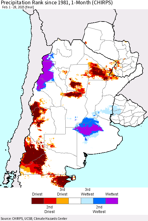 Southern South America Precipitation Rank since 1981, 1-Month (CHIRPS) Thematic Map For 2/1/2025 - 2/28/2025