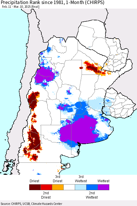 Southern South America Precipitation Rank since 1981, 1-Month (CHIRPS) Thematic Map For 2/11/2025 - 3/10/2025