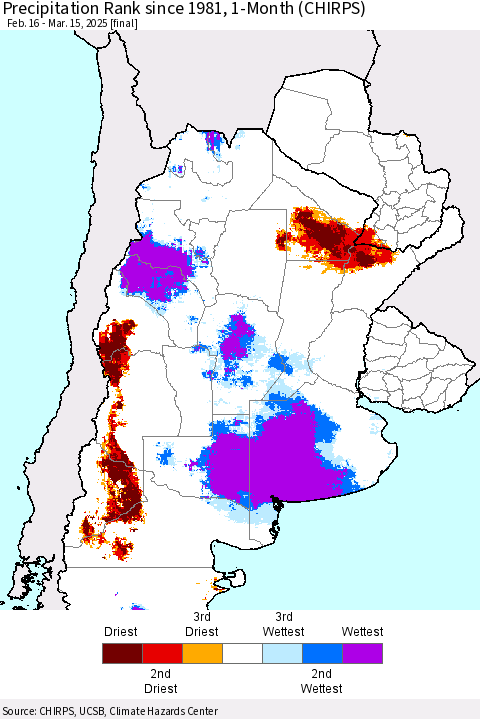 Southern South America Precipitation Rank since 1981, 1-Month (CHIRPS) Thematic Map For 2/16/2025 - 3/15/2025