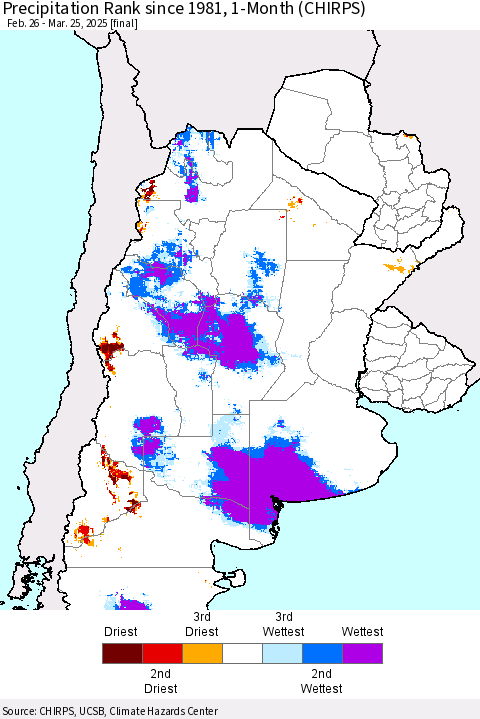 Southern South America Precipitation Rank since 1981, 1-Month (CHIRPS) Thematic Map For 2/26/2025 - 3/25/2025