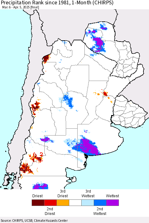 Southern South America Precipitation Rank since 1981, 1-Month (CHIRPS) Thematic Map For 3/6/2025 - 4/5/2025