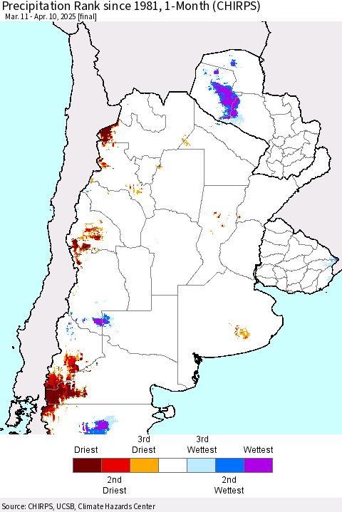 Southern South America Precipitation Rank since 1981, 1-Month (CHIRPS) Thematic Map For 3/11/2025 - 4/10/2025