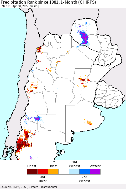 Southern South America Precipitation Rank since 1981, 1-Month (CHIRPS) Thematic Map For 3/11/2025 - 4/10/2025