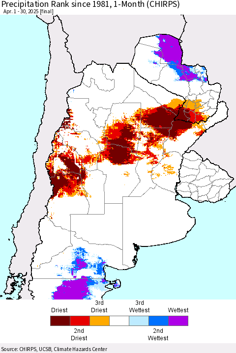 Southern South America Precipitation Rank since 1981, 1-Month (CHIRPS) Thematic Map For 4/1/2025 - 4/30/2025
