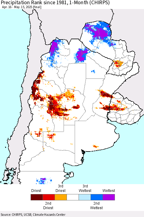 Southern South America Precipitation Rank since 1981, 1-Month (CHIRPS) Thematic Map For 4/16/2025 - 5/15/2025