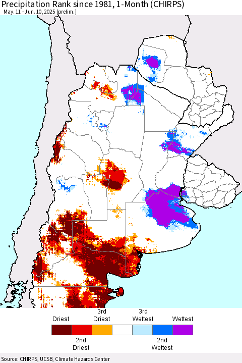 Southern South America Precipitation Rank since 1981, 1-Month (CHIRPS) Thematic Map For 5/11/2025 - 6/10/2025