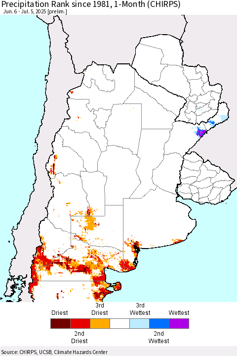 Southern South America Precipitation Rank since 1981, 1-Month (CHIRPS) Thematic Map For 6/6/2025 - 7/5/2025