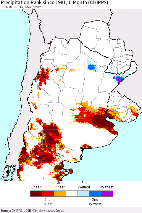 Southern South America Precipitation Rank since 1981, 1-Month (CHIRPS) Thematic Map For 6/16/2025 - 7/15/2025