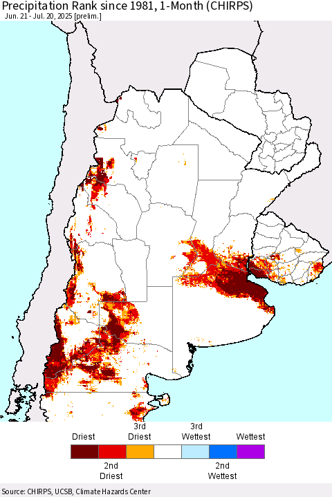 Southern South America Precipitation Rank since 1981, 1-Month (CHIRPS) Thematic Map For 6/21/2025 - 7/20/2025