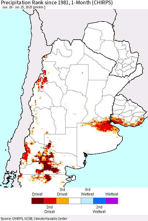 Southern South America Precipitation Rank since 1981, 1-Month (CHIRPS) Thematic Map For 6/26/2025 - 7/25/2025