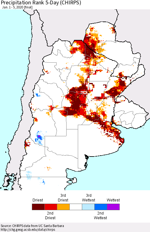 Southern South America Precipitation Rank since 1981, 5-Day (CHIRPS) Thematic Map For 1/1/2020 - 1/5/2020