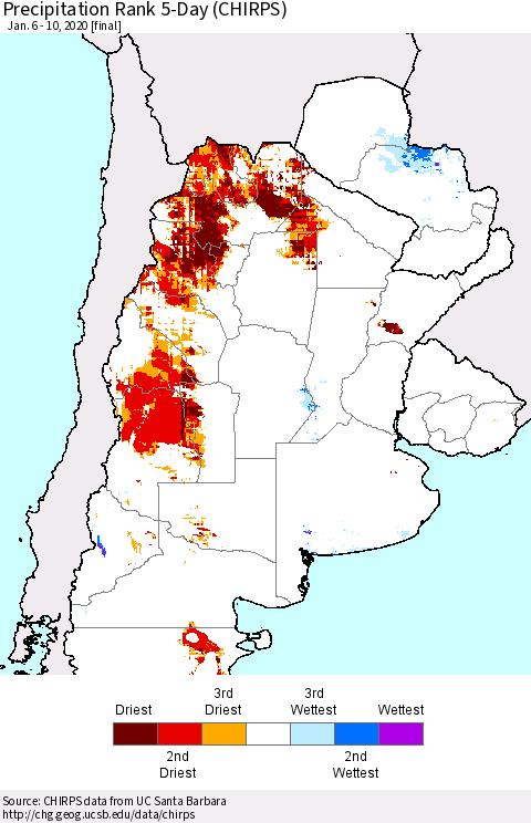 Southern South America Precipitation Rank since 1981, 5-Day (CHIRPS) Thematic Map For 1/6/2020 - 1/10/2020