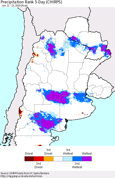 Southern South America Precipitation Rank since 1981, 5-Day (CHIRPS) Thematic Map For 1/11/2020 - 1/15/2020