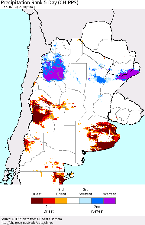 Southern South America Precipitation Rank since 1981, 5-Day (CHIRPS) Thematic Map For 1/16/2020 - 1/20/2020