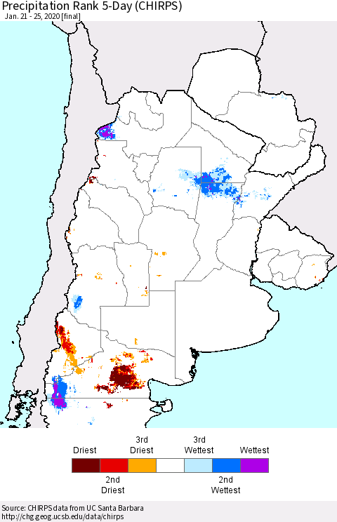 Southern South America Precipitation Rank since 1981, 5-Day (CHIRPS) Thematic Map For 1/21/2020 - 1/25/2020