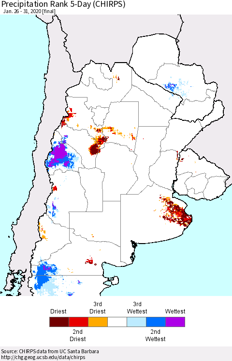 Southern South America Precipitation Rank since 1981, 5-Day (CHIRPS) Thematic Map For 1/26/2020 - 1/31/2020