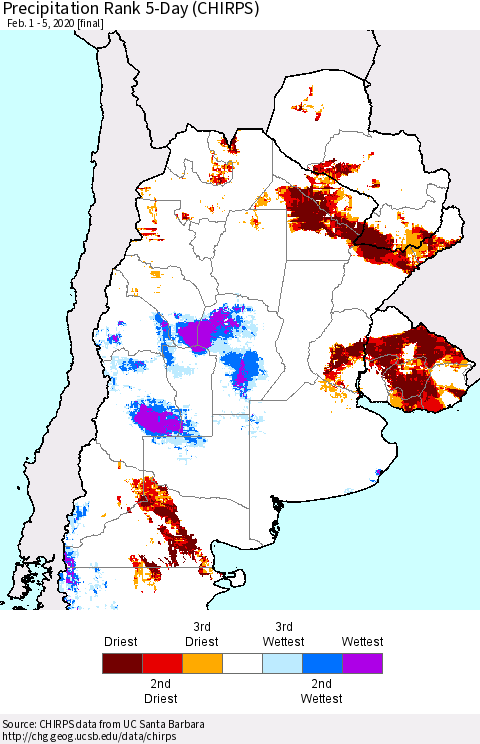 Southern South America Precipitation Rank since 1981, 5-Day (CHIRPS) Thematic Map For 2/1/2020 - 2/5/2020
