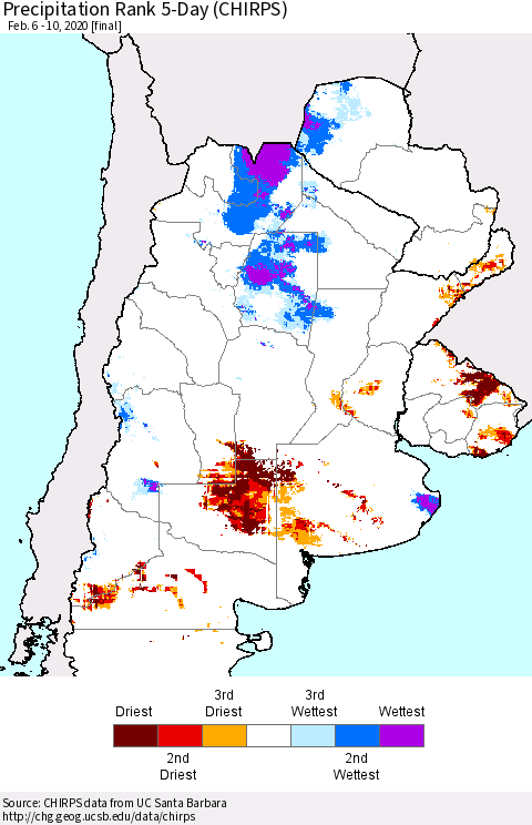 Southern South America Precipitation Rank since 1981, 5-Day (CHIRPS) Thematic Map For 2/6/2020 - 2/10/2020