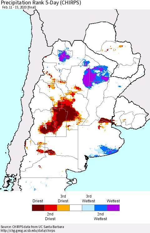 Southern South America Precipitation Rank since 1981, 5-Day (CHIRPS) Thematic Map For 2/11/2020 - 2/15/2020