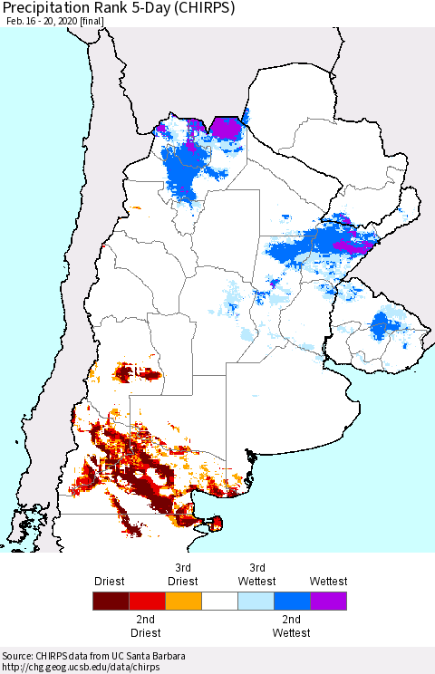 Southern South America Precipitation Rank since 1981, 5-Day (CHIRPS) Thematic Map For 2/16/2020 - 2/20/2020