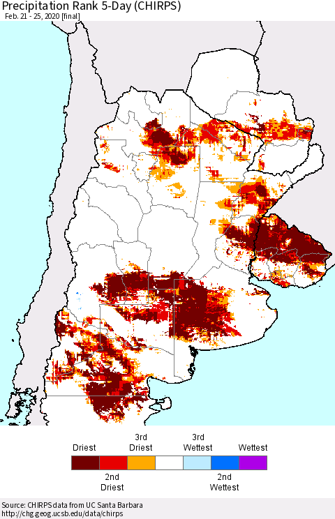 Southern South America Precipitation Rank since 1981, 5-Day (CHIRPS) Thematic Map For 2/21/2020 - 2/25/2020