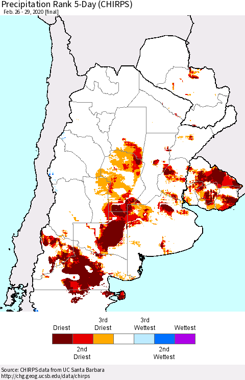 Southern South America Precipitation Rank since 1981, 5-Day (CHIRPS) Thematic Map For 2/26/2020 - 2/29/2020