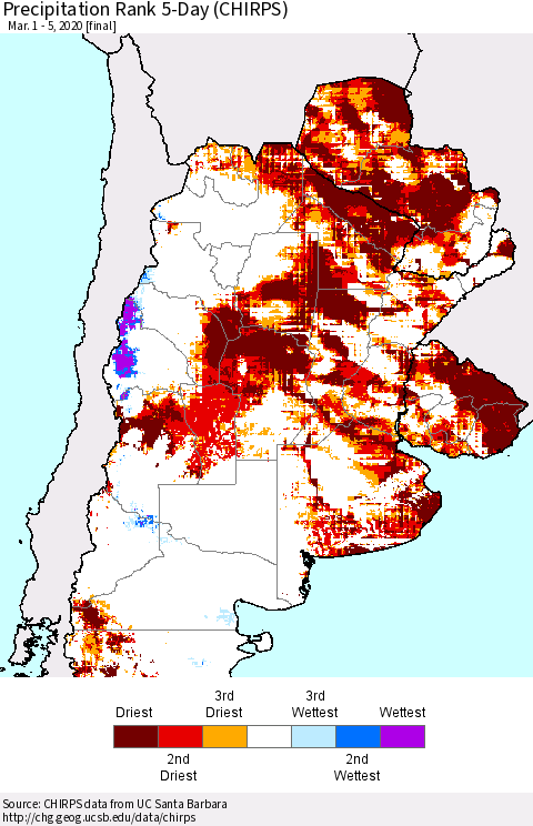 Southern South America Precipitation Rank since 1981, 5-Day (CHIRPS) Thematic Map For 3/1/2020 - 3/5/2020