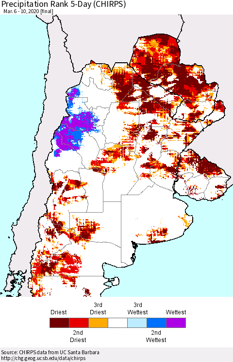 Southern South America Precipitation Rank since 1981, 5-Day (CHIRPS) Thematic Map For 3/6/2020 - 3/10/2020