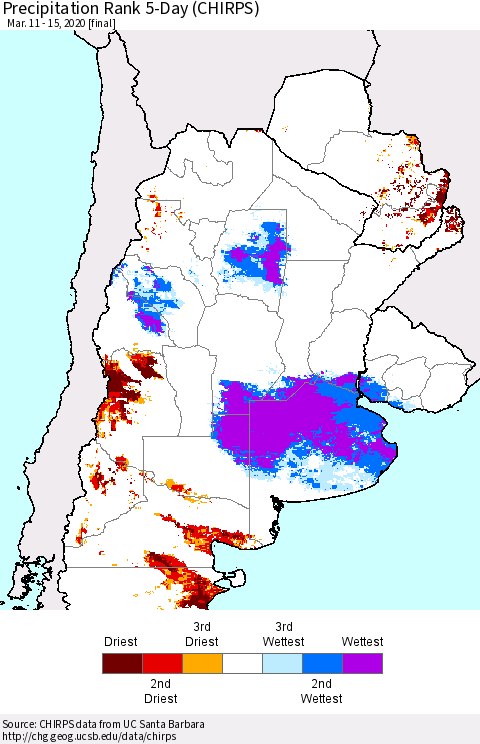 Southern South America Precipitation Rank since 1981, 5-Day (CHIRPS) Thematic Map For 3/11/2020 - 3/15/2020