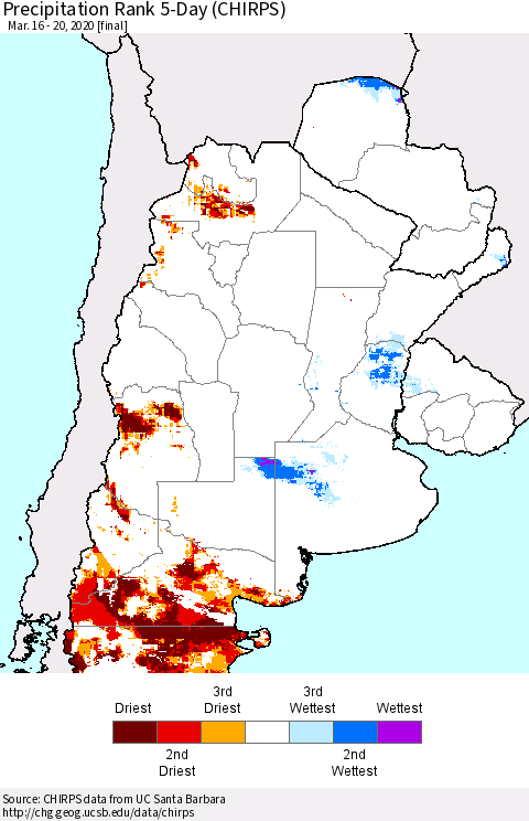 Southern South America Precipitation Rank since 1981, 5-Day (CHIRPS) Thematic Map For 3/16/2020 - 3/20/2020