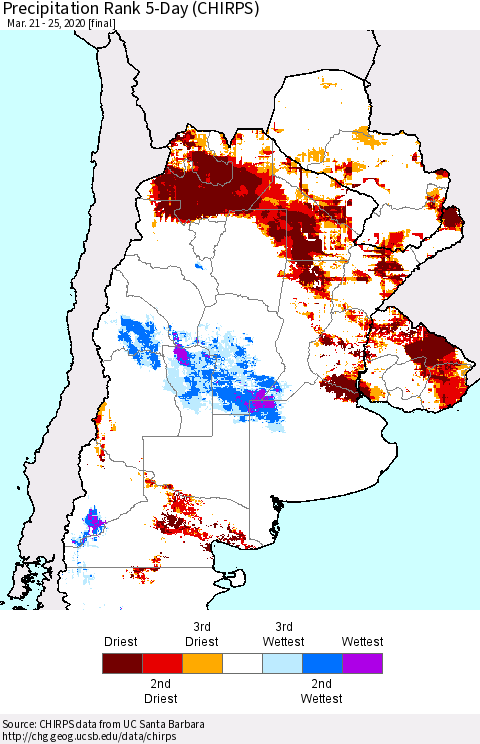 Southern South America Precipitation Rank since 1981, 5-Day (CHIRPS) Thematic Map For 3/21/2020 - 3/25/2020