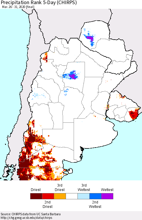 Southern South America Precipitation Rank since 1981, 5-Day (CHIRPS) Thematic Map For 3/26/2020 - 3/31/2020