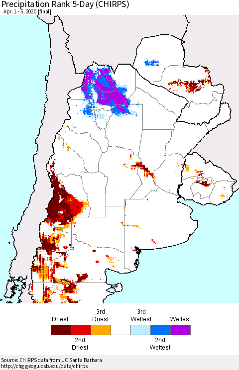 Southern South America Precipitation Rank since 1981, 5-Day (CHIRPS) Thematic Map For 4/1/2020 - 4/5/2020