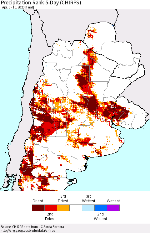Southern South America Precipitation Rank since 1981, 5-Day (CHIRPS) Thematic Map For 4/6/2020 - 4/10/2020