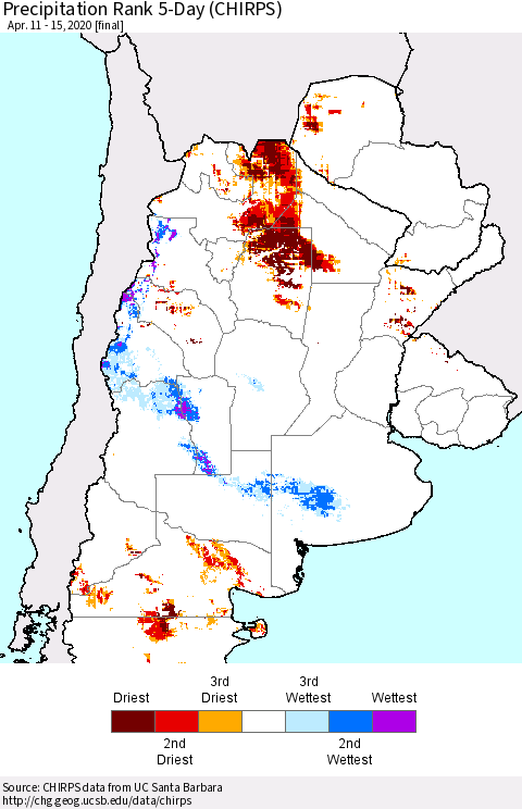 Southern South America Precipitation Rank since 1981, 5-Day (CHIRPS) Thematic Map For 4/11/2020 - 4/15/2020