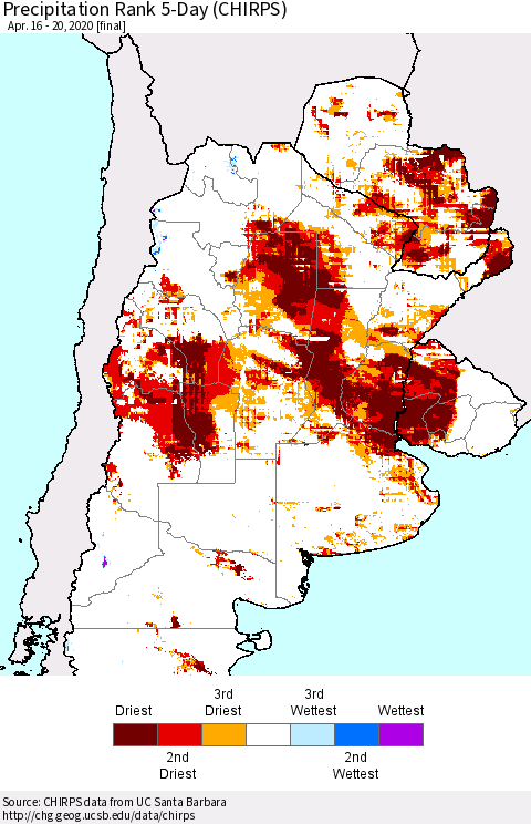 Southern South America Precipitation Rank since 1981, 5-Day (CHIRPS) Thematic Map For 4/16/2020 - 4/20/2020