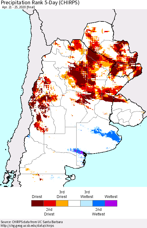 Southern South America Precipitation Rank since 1981, 5-Day (CHIRPS) Thematic Map For 4/21/2020 - 4/25/2020