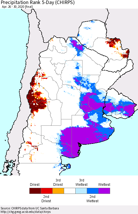 Southern South America Precipitation Rank since 1981, 5-Day (CHIRPS) Thematic Map For 4/26/2020 - 4/30/2020