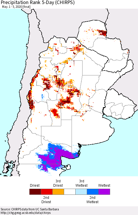Southern South America Precipitation Rank since 1981, 5-Day (CHIRPS) Thematic Map For 5/1/2020 - 5/5/2020