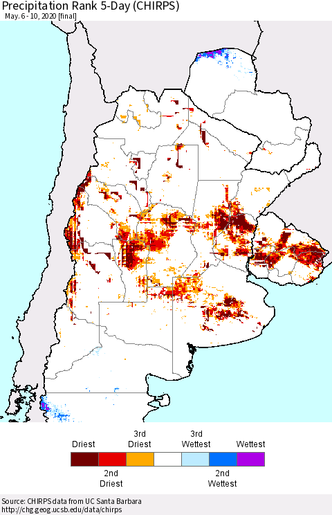 Southern South America Precipitation Rank since 1981, 5-Day (CHIRPS) Thematic Map For 5/6/2020 - 5/10/2020