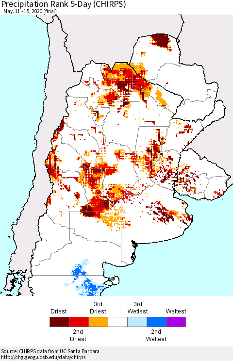 Southern South America Precipitation Rank since 1981, 5-Day (CHIRPS) Thematic Map For 5/11/2020 - 5/15/2020
