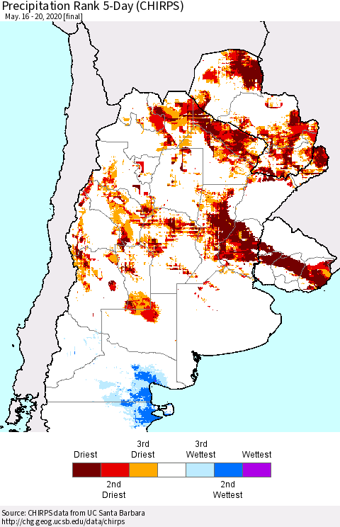 Southern South America Precipitation Rank since 1981, 5-Day (CHIRPS) Thematic Map For 5/16/2020 - 5/20/2020