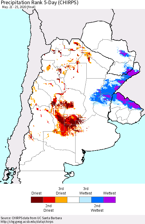 Southern South America Precipitation Rank since 1981, 5-Day (CHIRPS) Thematic Map For 5/21/2020 - 5/25/2020