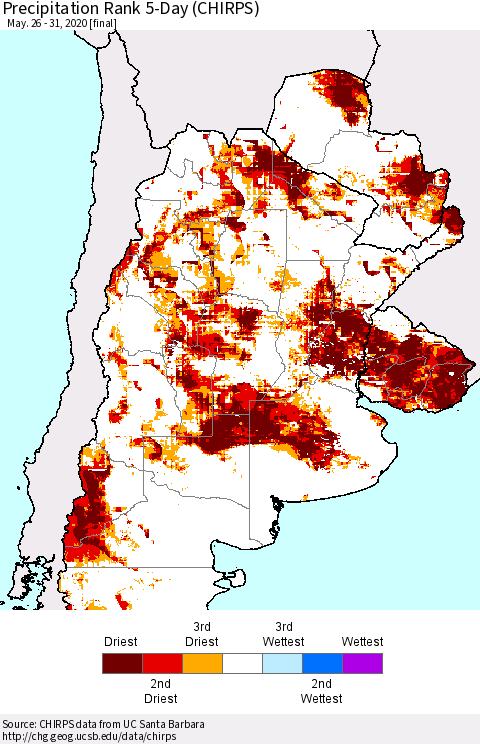 Southern South America Precipitation Rank since 1981, 5-Day (CHIRPS) Thematic Map For 5/26/2020 - 5/31/2020