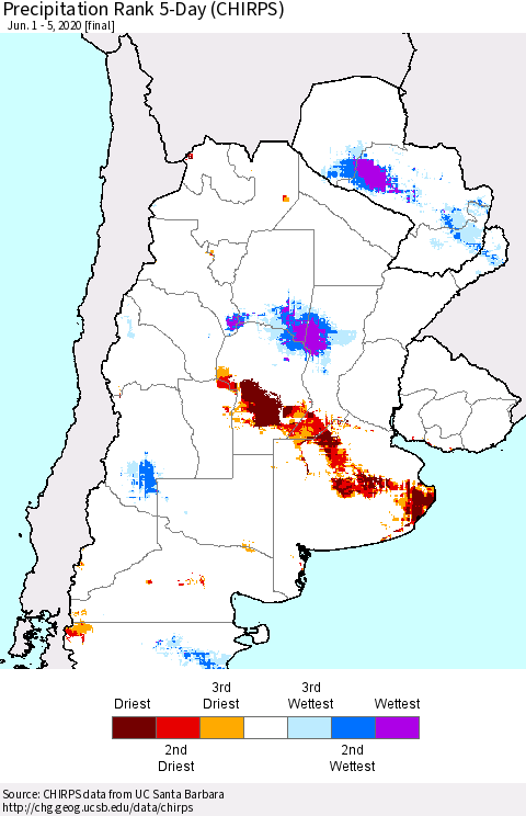 Southern South America Precipitation Rank since 1981, 5-Day (CHIRPS) Thematic Map For 6/1/2020 - 6/5/2020