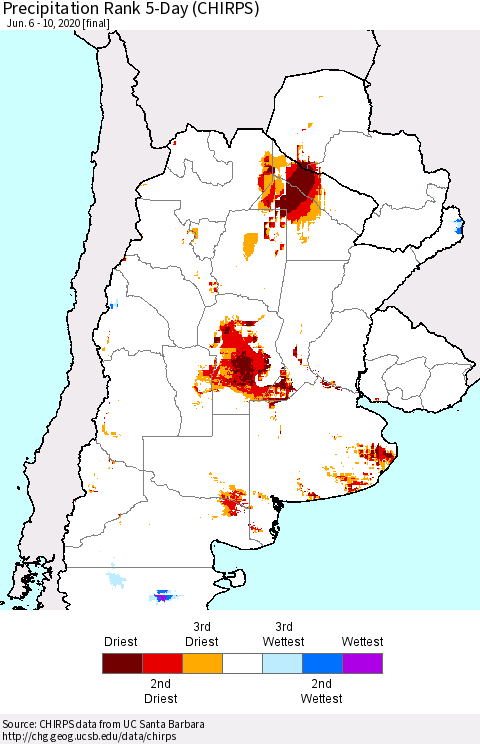 Southern South America Precipitation Rank since 1981, 5-Day (CHIRPS) Thematic Map For 6/6/2020 - 6/10/2020