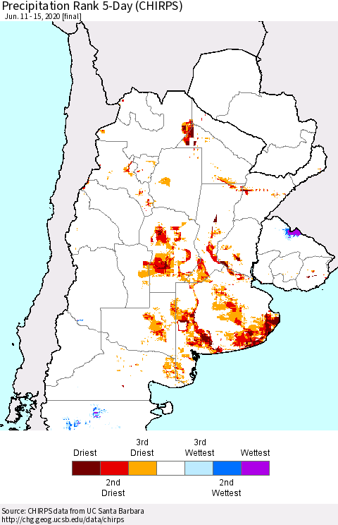 Southern South America Precipitation Rank since 1981, 5-Day (CHIRPS) Thematic Map For 6/11/2020 - 6/15/2020