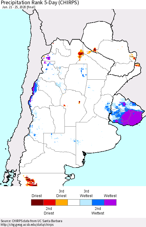 Southern South America Precipitation Rank since 1981, 5-Day (CHIRPS) Thematic Map For 6/21/2020 - 6/25/2020
