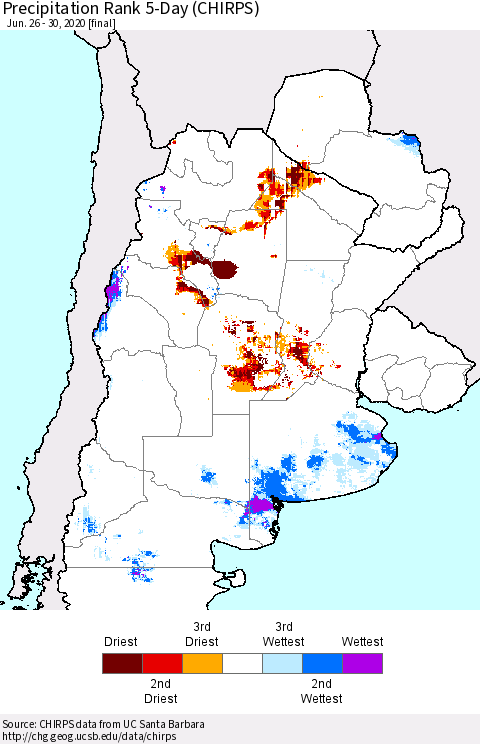 Southern South America Precipitation Rank since 1981, 5-Day (CHIRPS) Thematic Map For 6/26/2020 - 6/30/2020